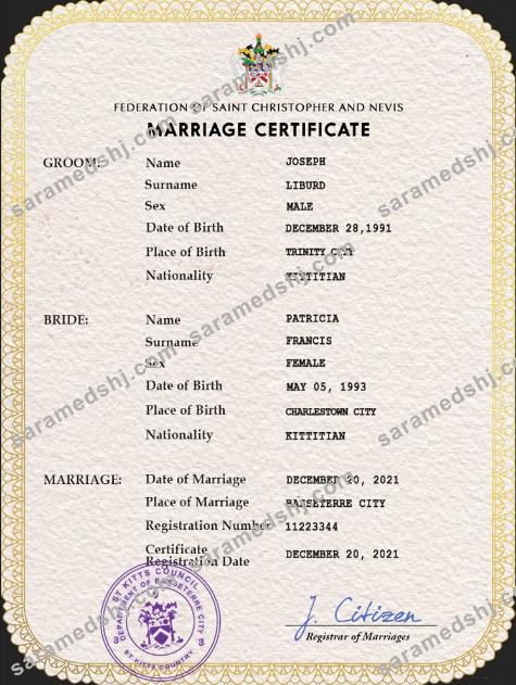 Saint Kitts and Nevis marriage certificate PSD template